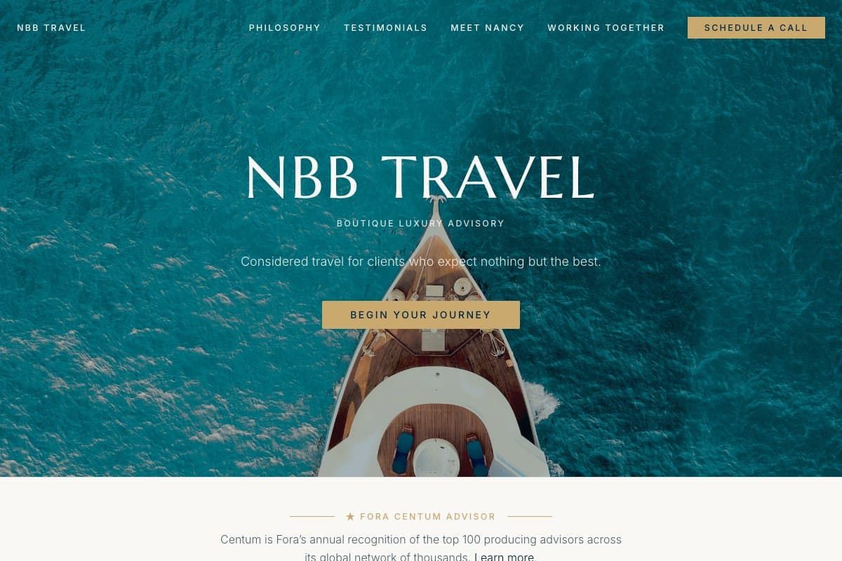 NBB Travel homepage — luxury travel advisory website