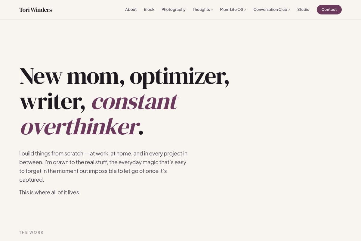 Tori Winders homepage — personal brand website